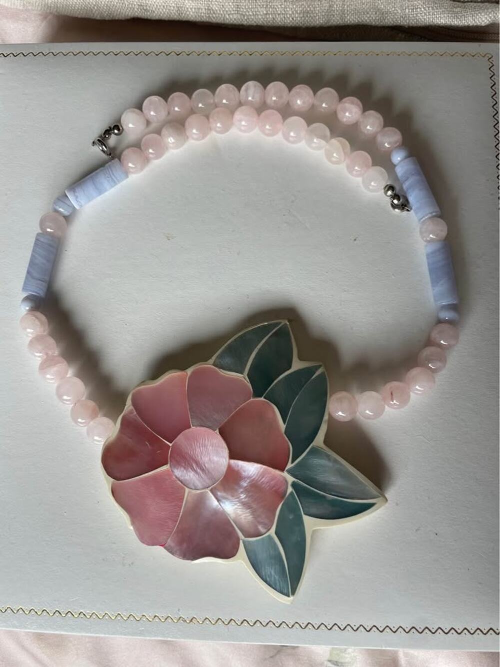 Rose Quartz Blue Lace Agate Mother of Pearl Floral Pendant Necklace